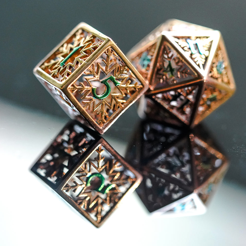 d6 and d20 on reflective surface