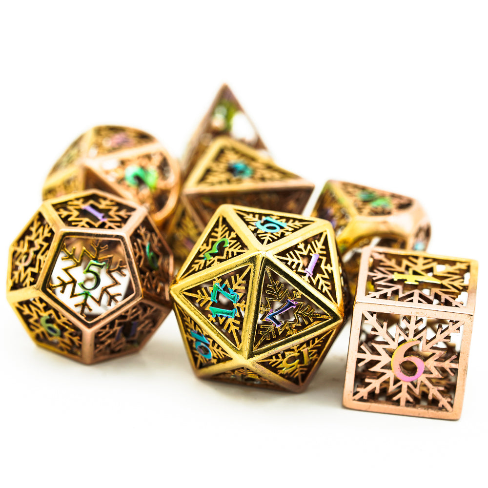 gold 7 piece dice set with multicolor numbers