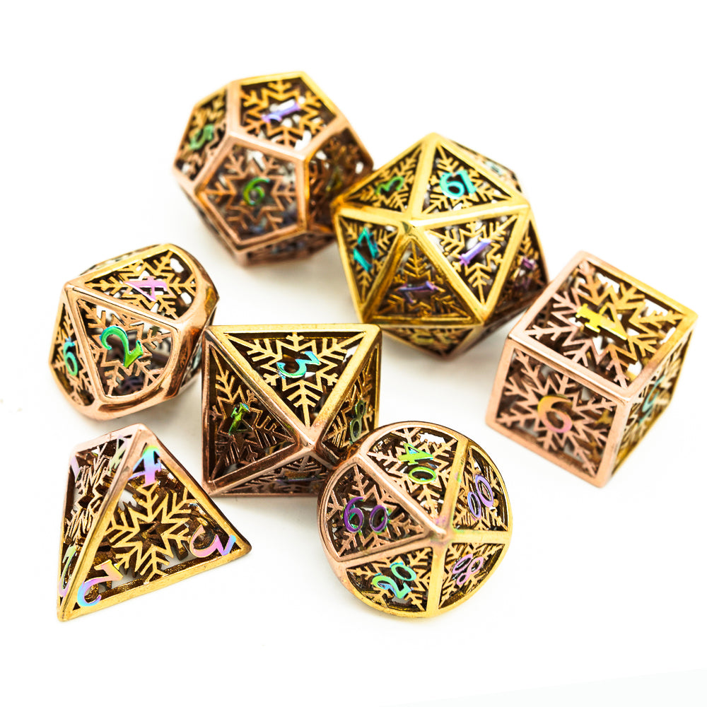 gold colored with multi-colored numbers, 7 piece dice set