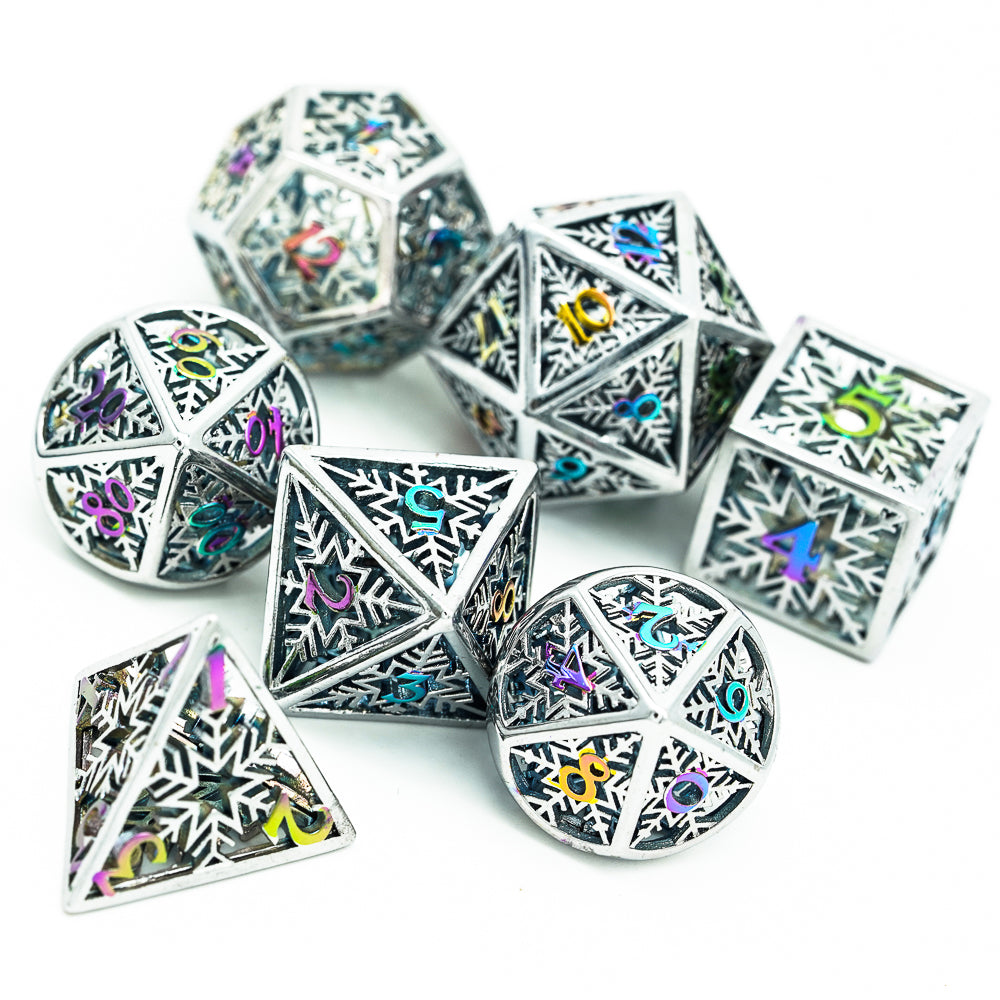 Prismatic silver snowflake 7 piece dice set