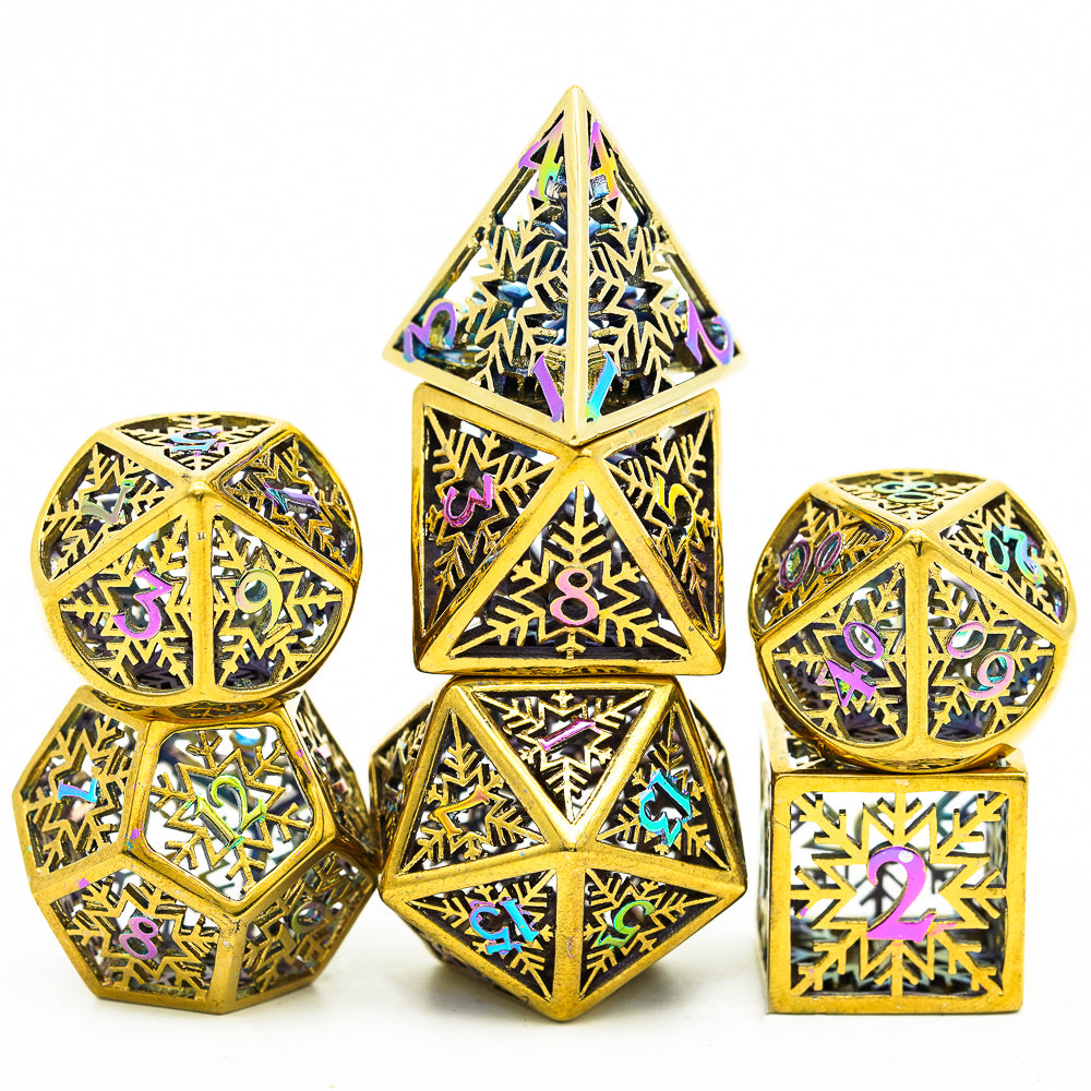 7 dice, hollow yellow metal with multicolored numbers