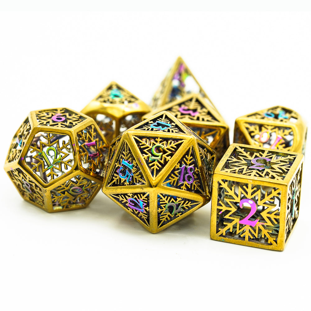 7 dice hollow metal with d12, d20 and d6 at the front