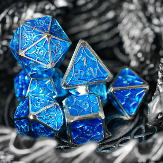 Vibrant blue metal dice set with silver numbers