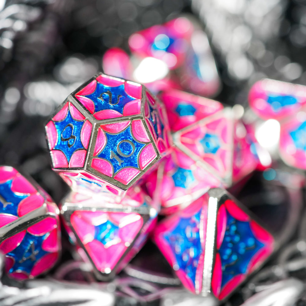 Bubblegum chroma pink d12 with rest of set blurry in the background