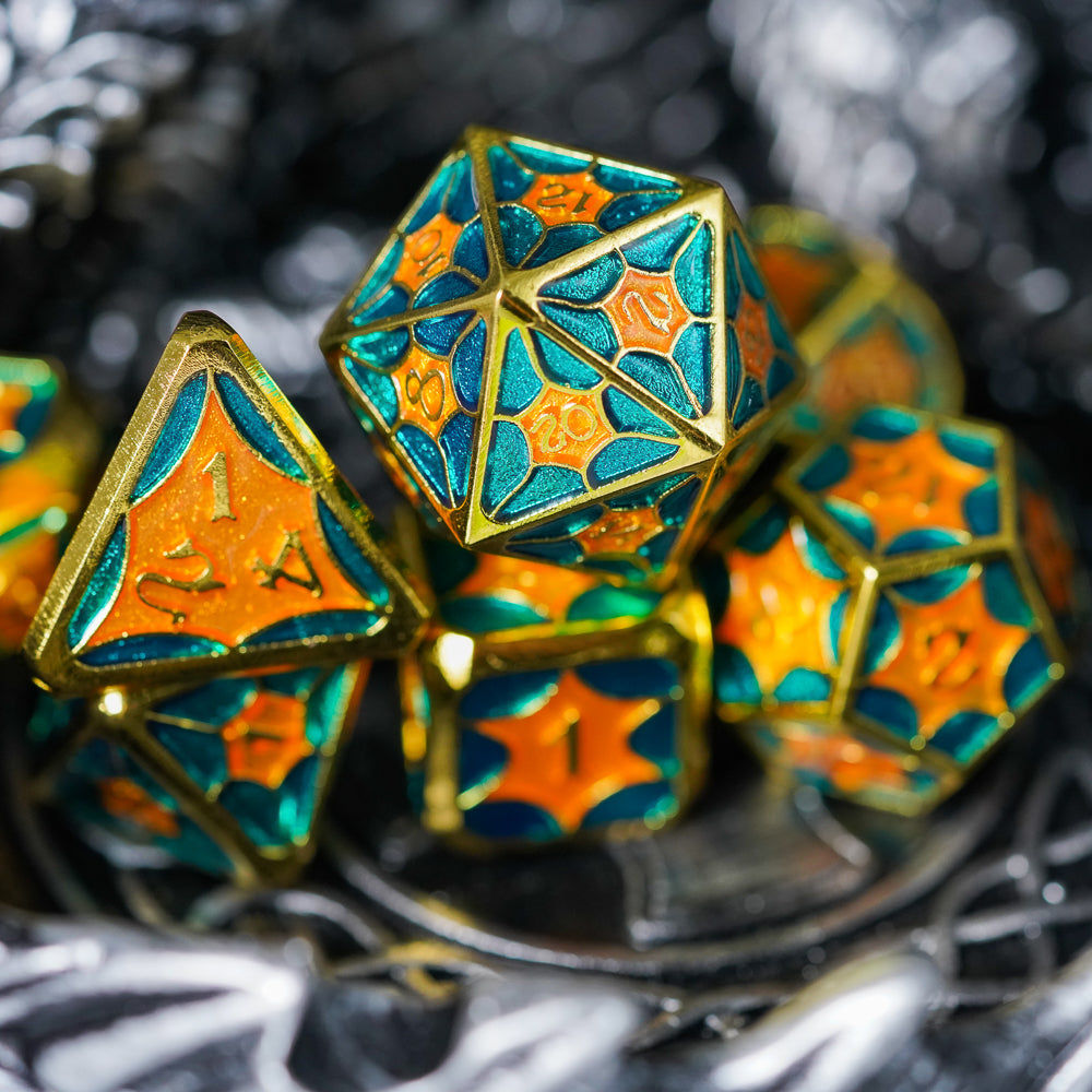 Blue orange and gold hollow metal dice set