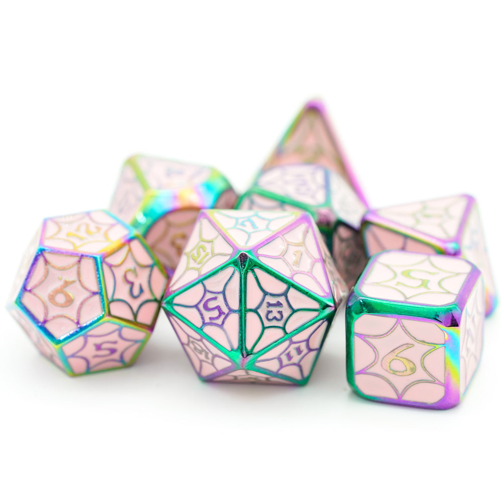 pink dnd dice with multicolored numbers