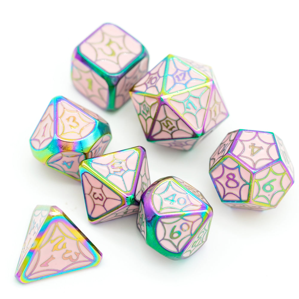 Top view of pink metal dice 7 piece set