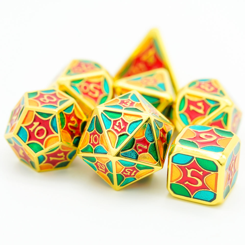 Metal brightly colored dice on white background