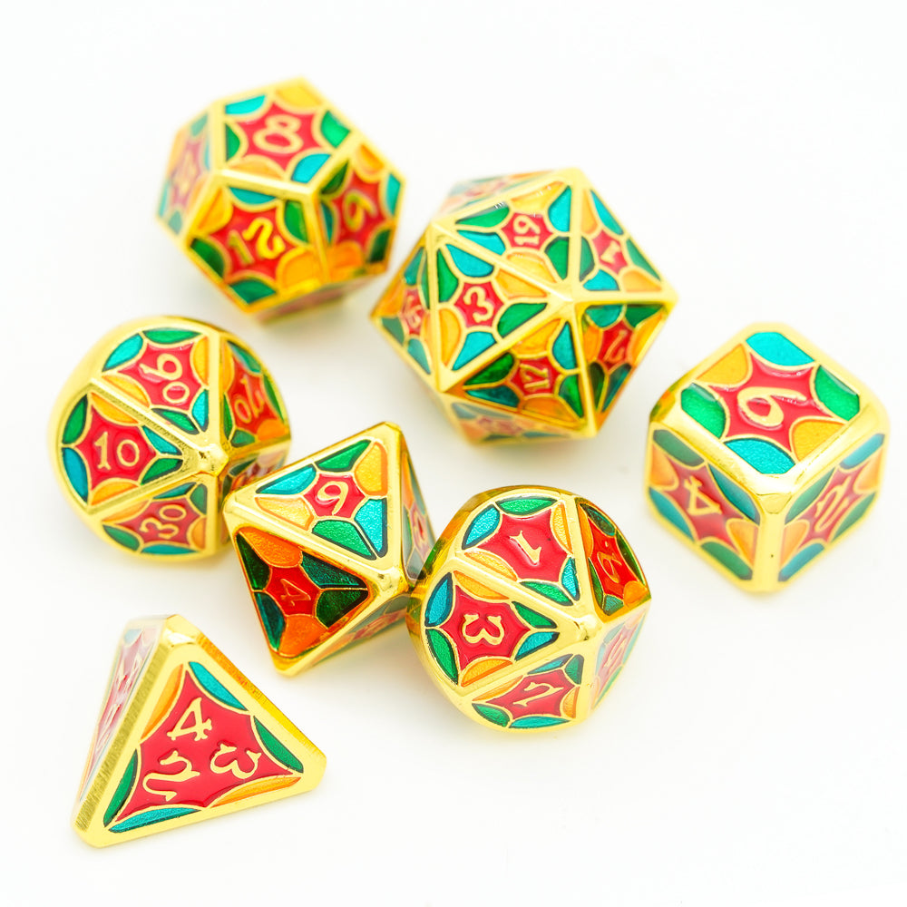 Top view of jester chroma metal dice set on white background