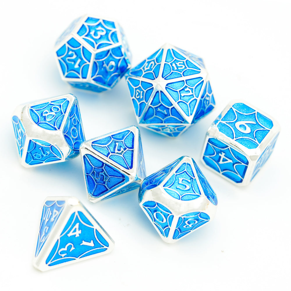 topview of blue and silver dnd dice set