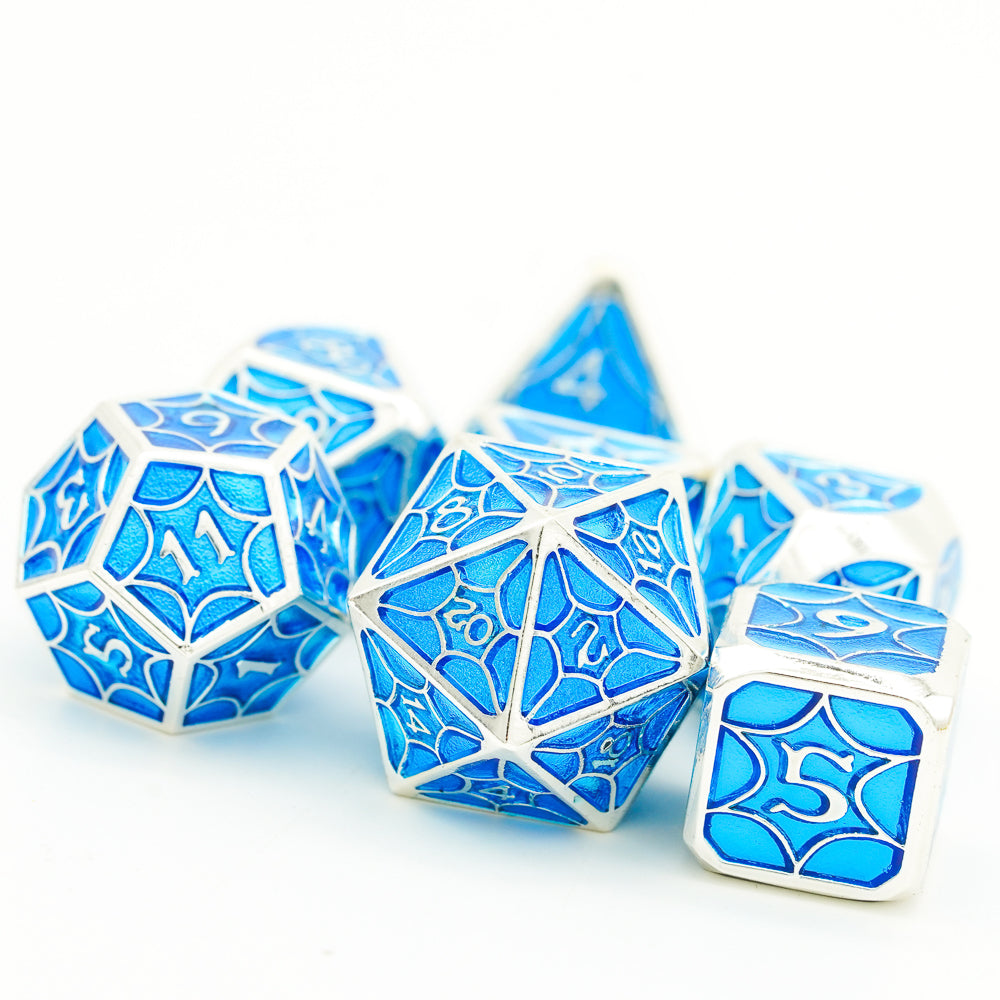 Azure stain metal dice set on white background