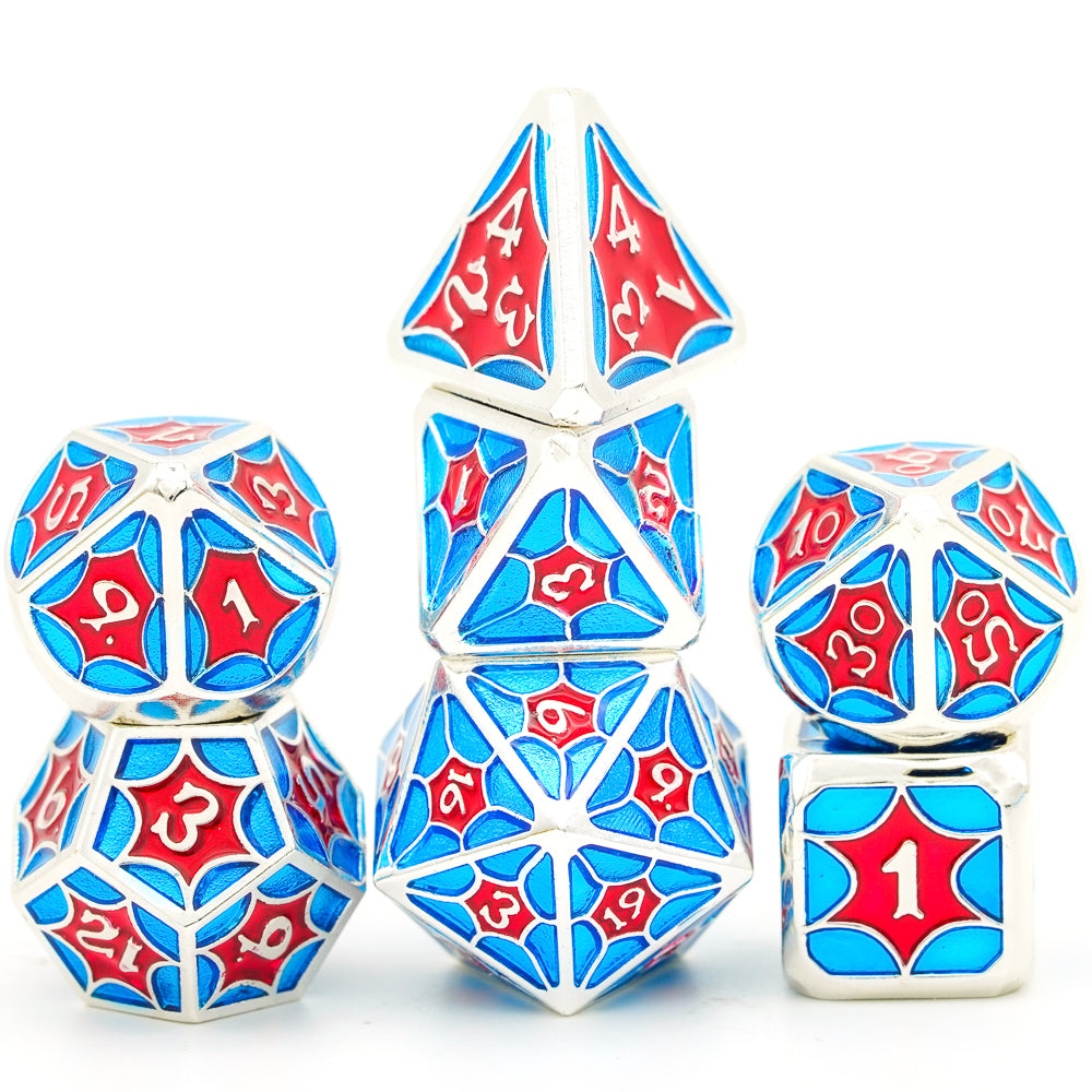 Easy to read blue, silver and red metal dice set stacked on top of each other