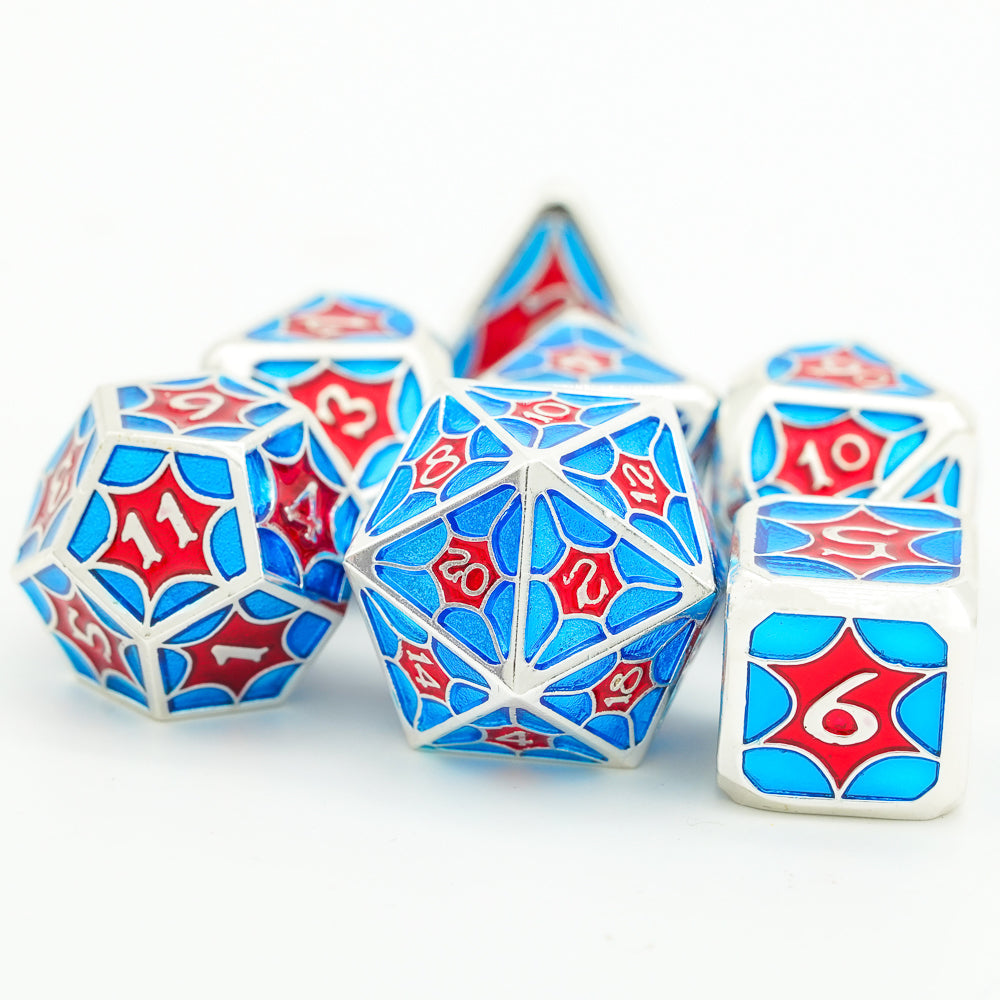 vibrant colorful d20, d12 and d6 in front of the rest of the set