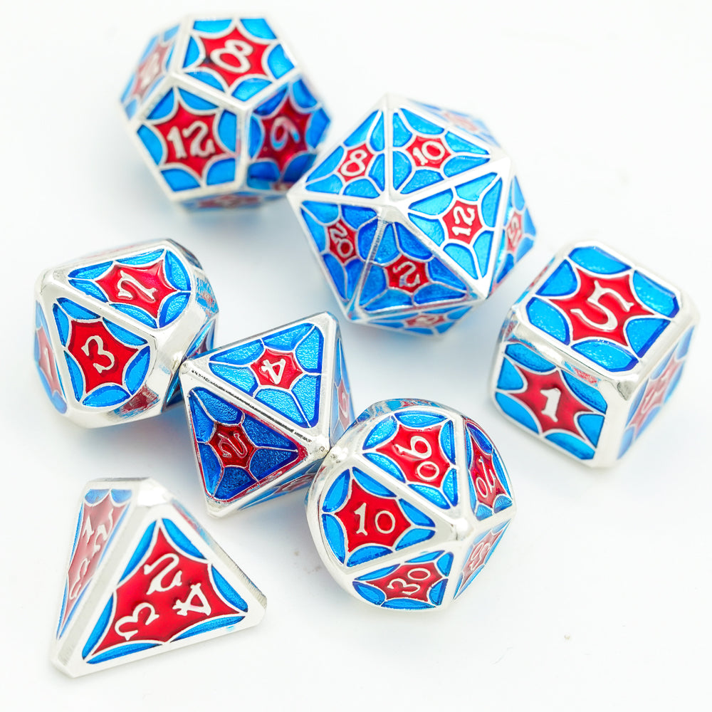 Top view of royal wine colorful dice set