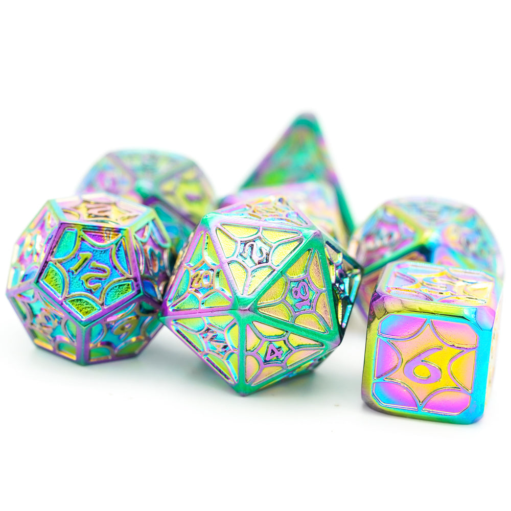 d20, d12 and d6 multicolored metal dice
