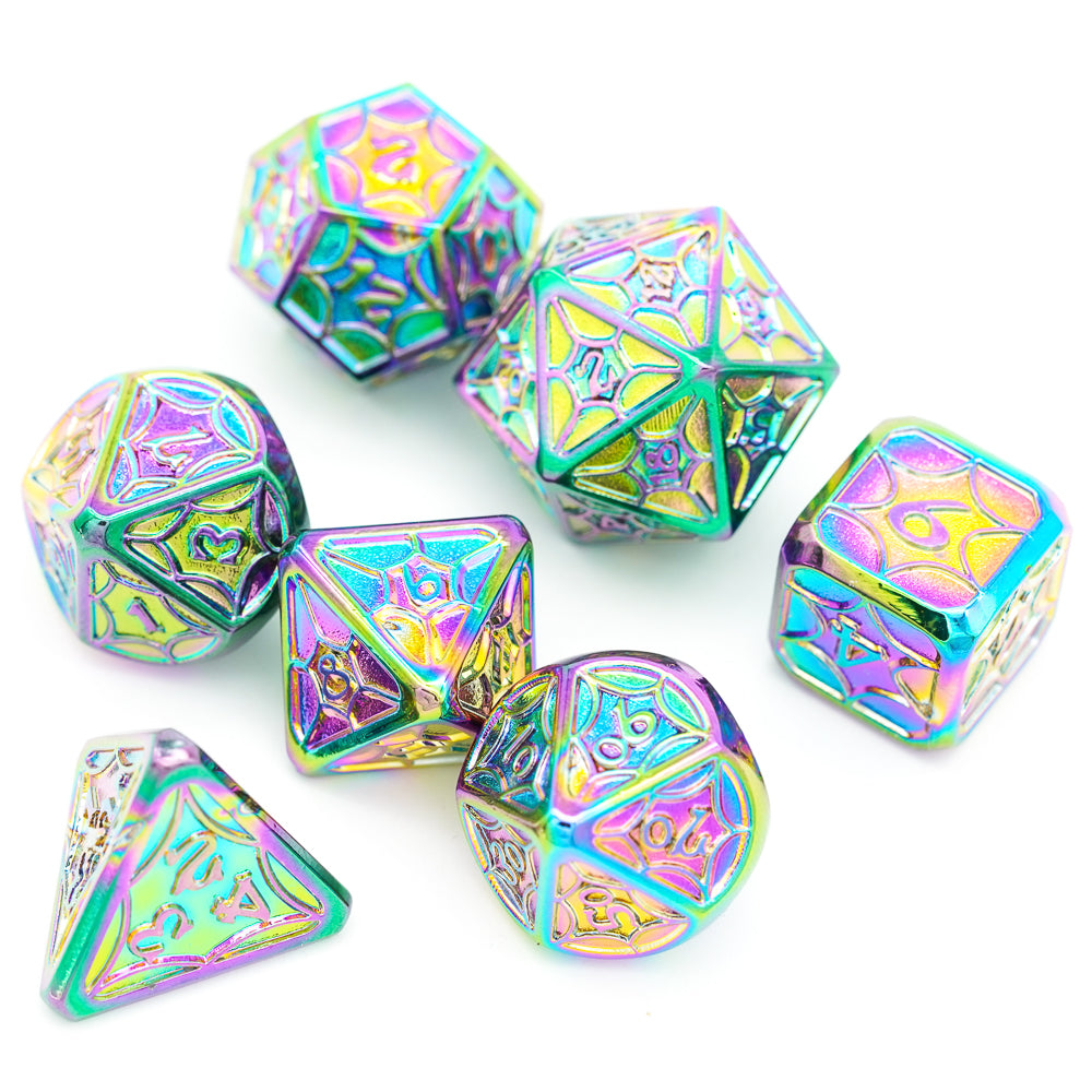 Top view of chromatic prism metal dice set