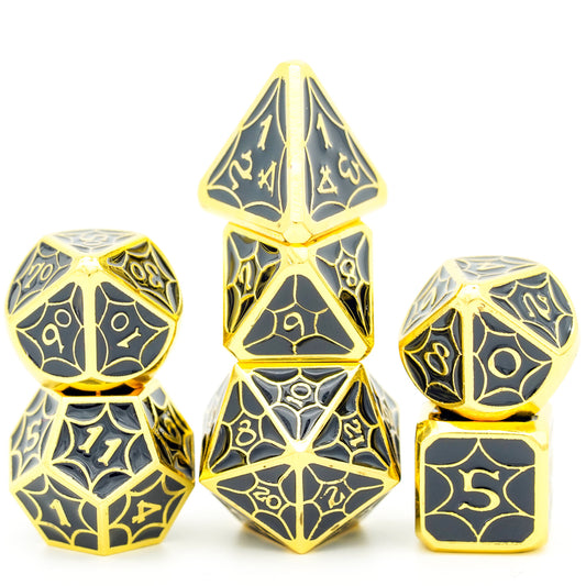 Gold and black dnd dice set, 7 pieces stacked atop each other