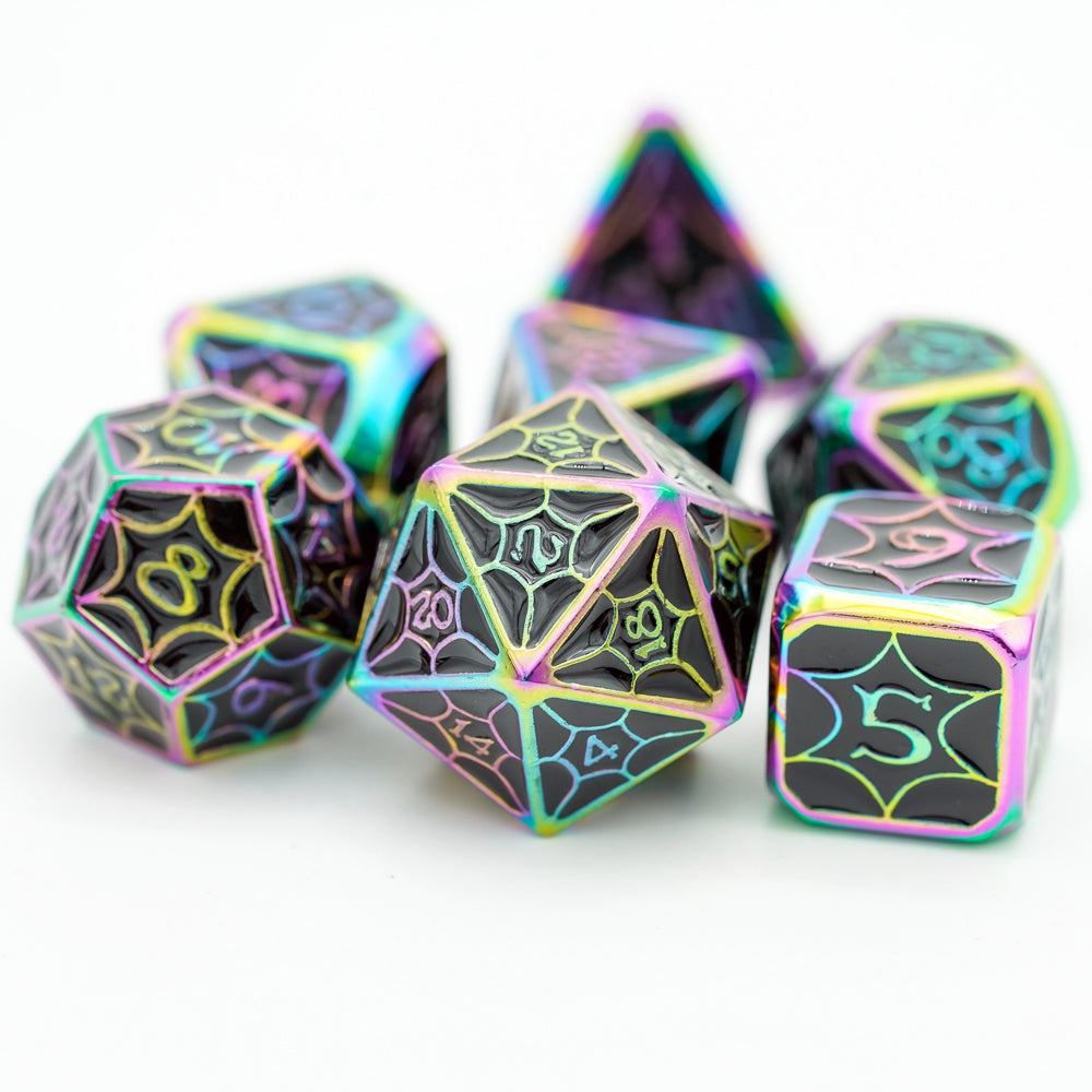 d12, d20 and d6 metal dice highlighted at front of rest of prism onyx dice set