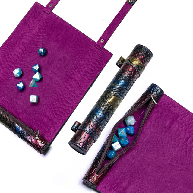 Dragon Spell Scroll dice tray unrolled with purple interior, holding blue polyhedral dice