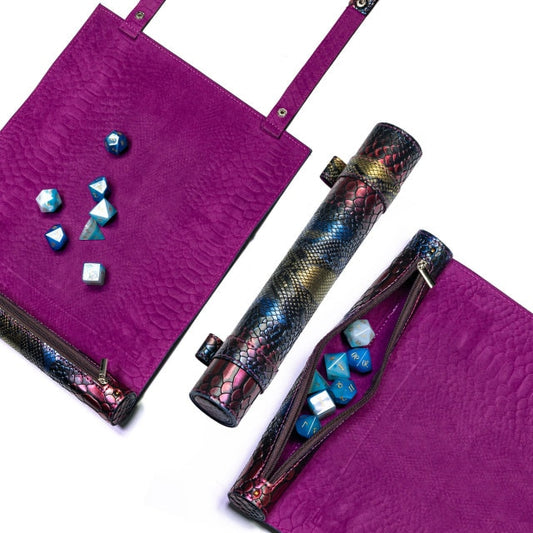 Dragon Spell Scroll dice tray unrolled with purple interior, holding blue polyhedral dice