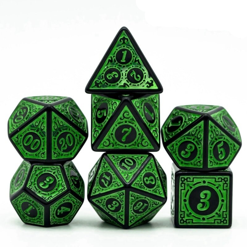 Green 7 piece runic wonder dice set