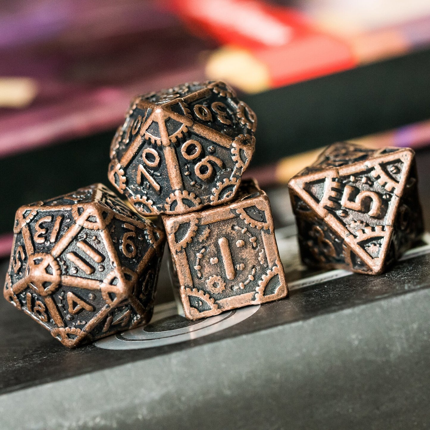 copper dnd dice metal steampunk with dmg in background