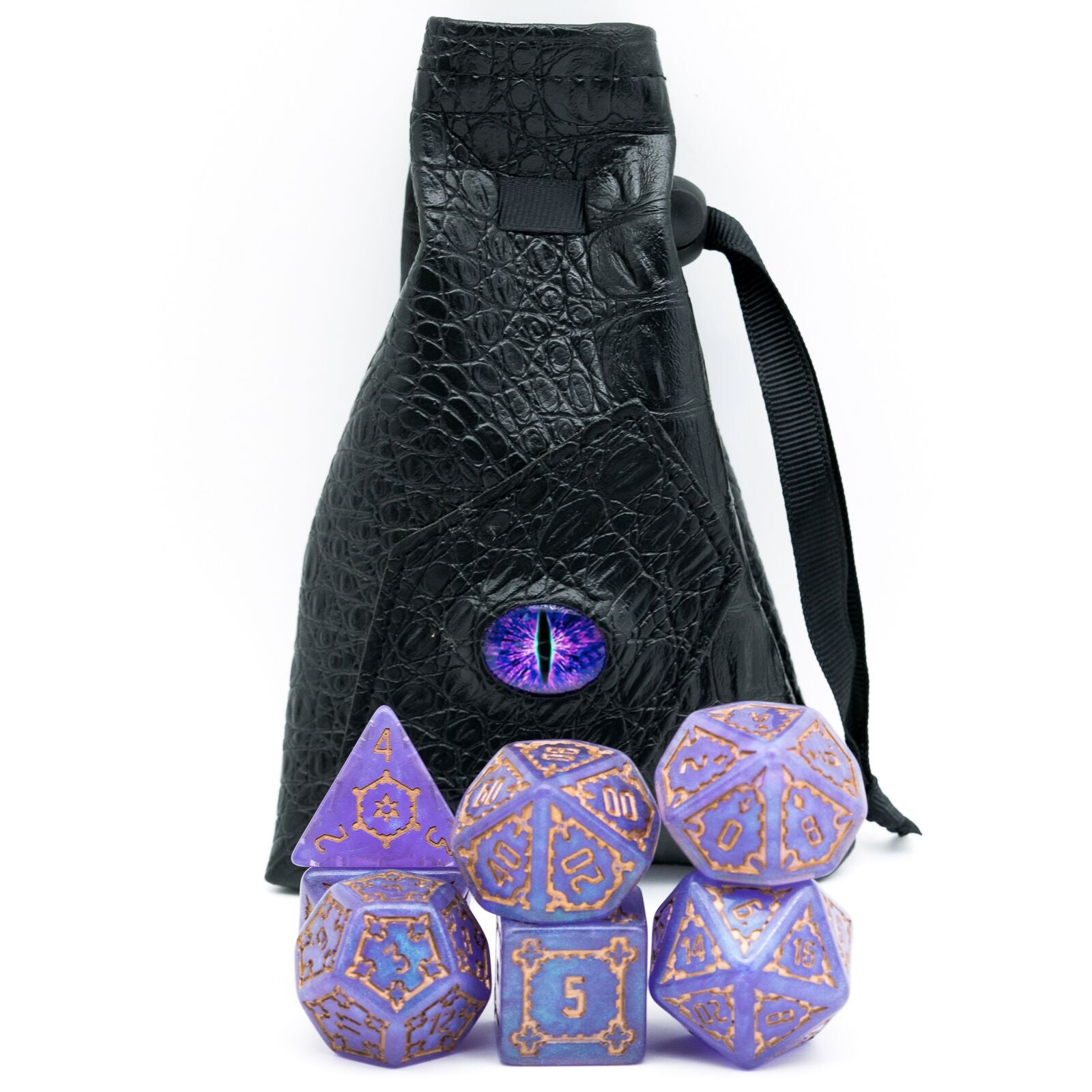 Violet dice stacked in front of dragon eye dice bag