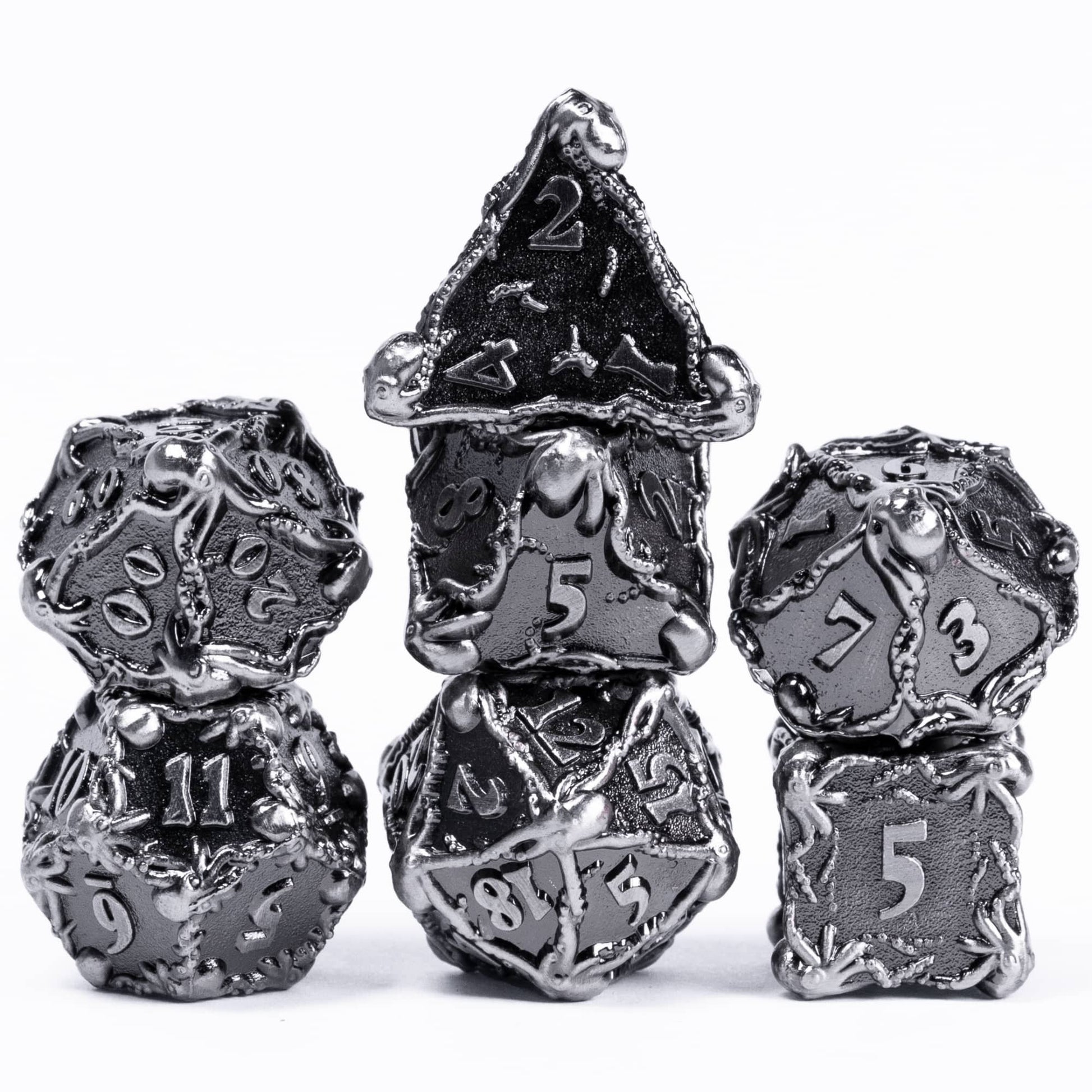 Full 7 piece silver colored metal octopus dice set