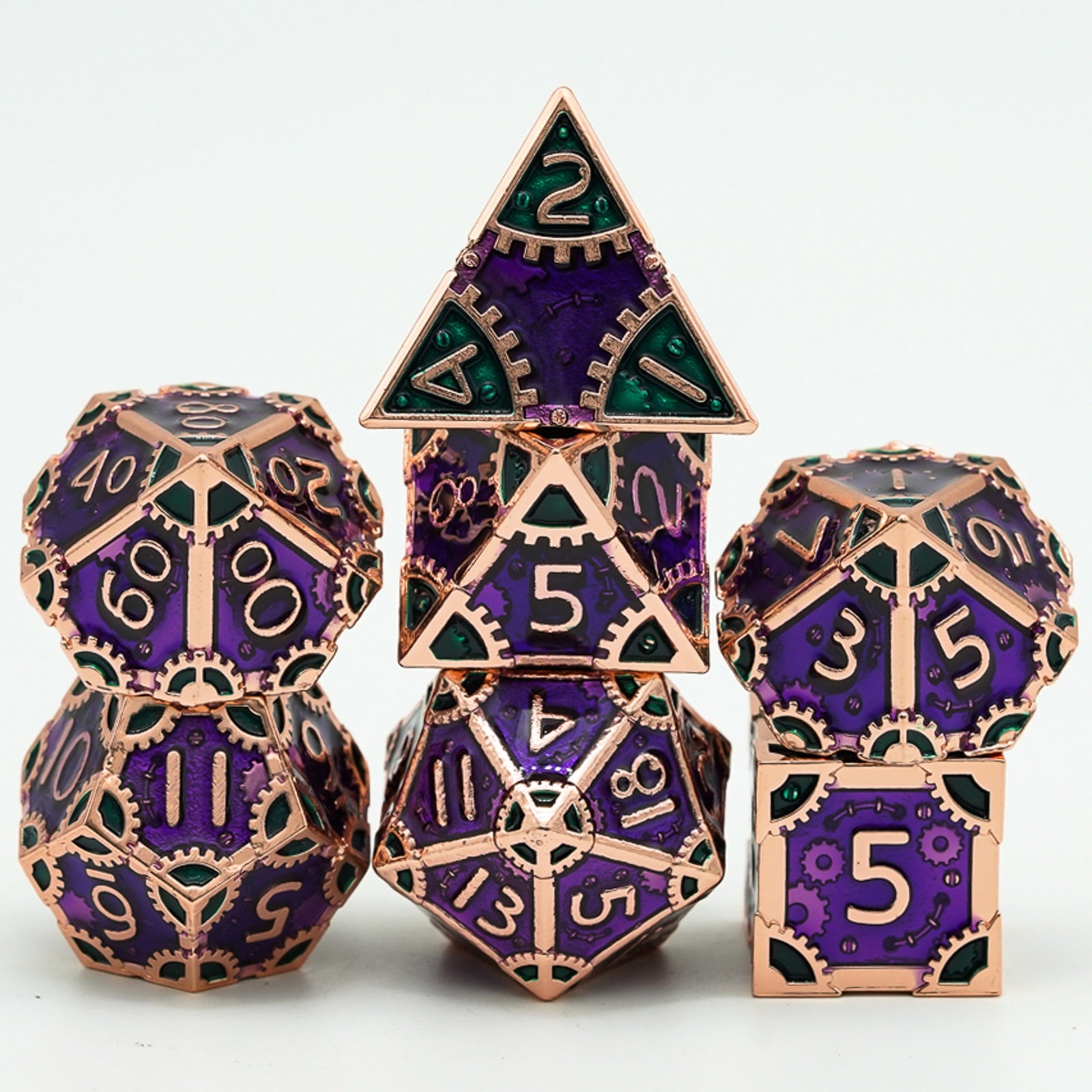 dark purple and copper steampunk dnd dice set