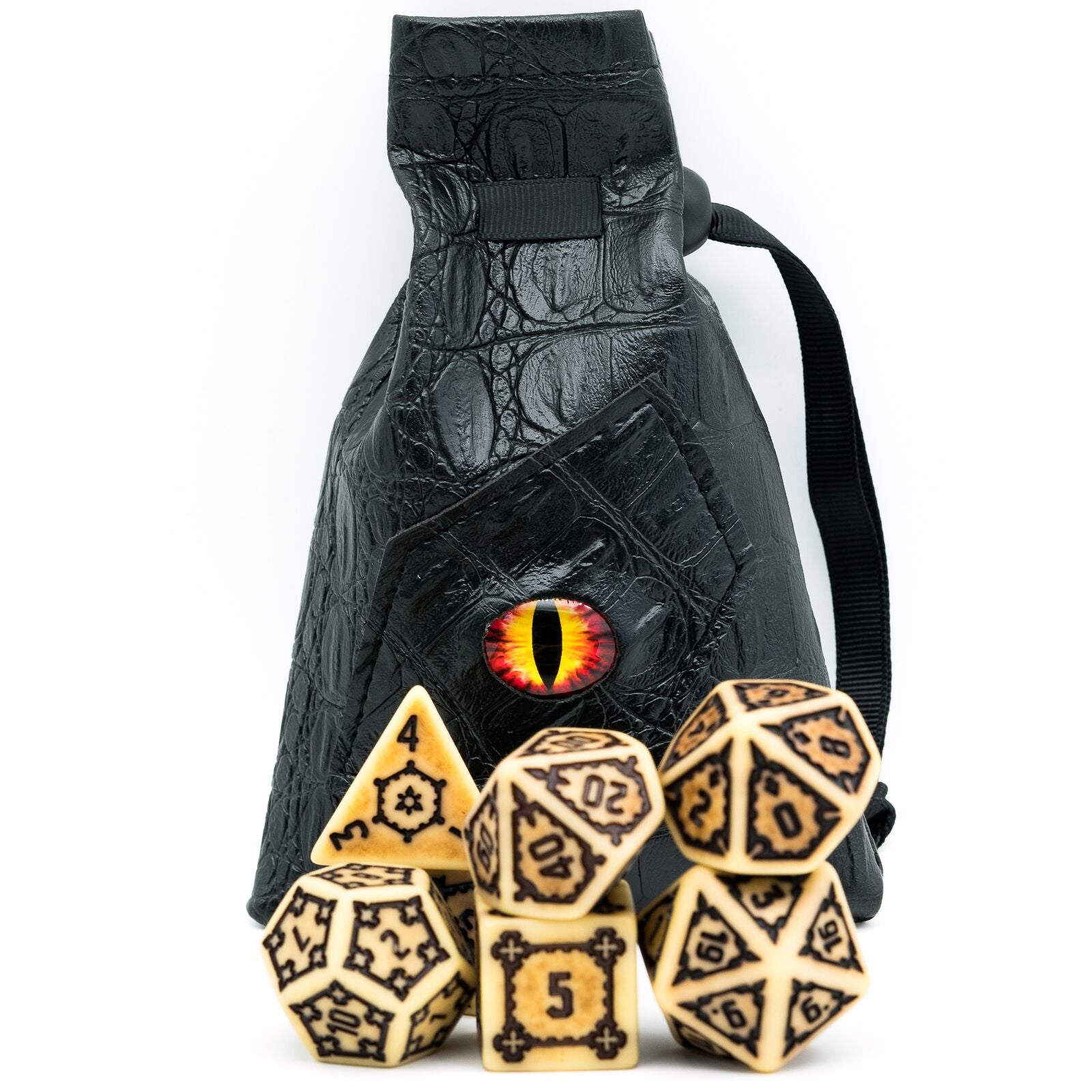 sandy elixir dice set in front of dragon eye carrying case