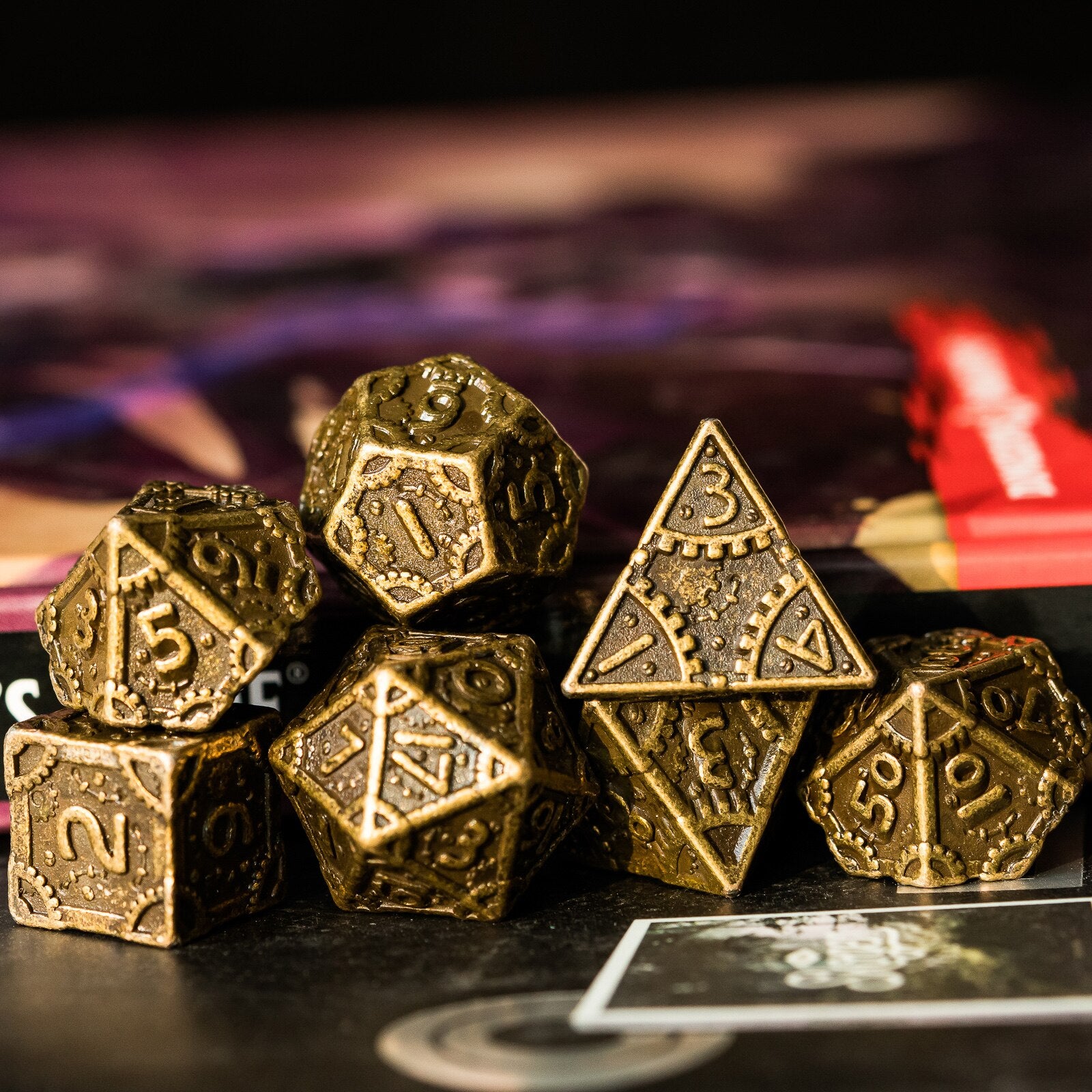 gold dice with DMG in background
