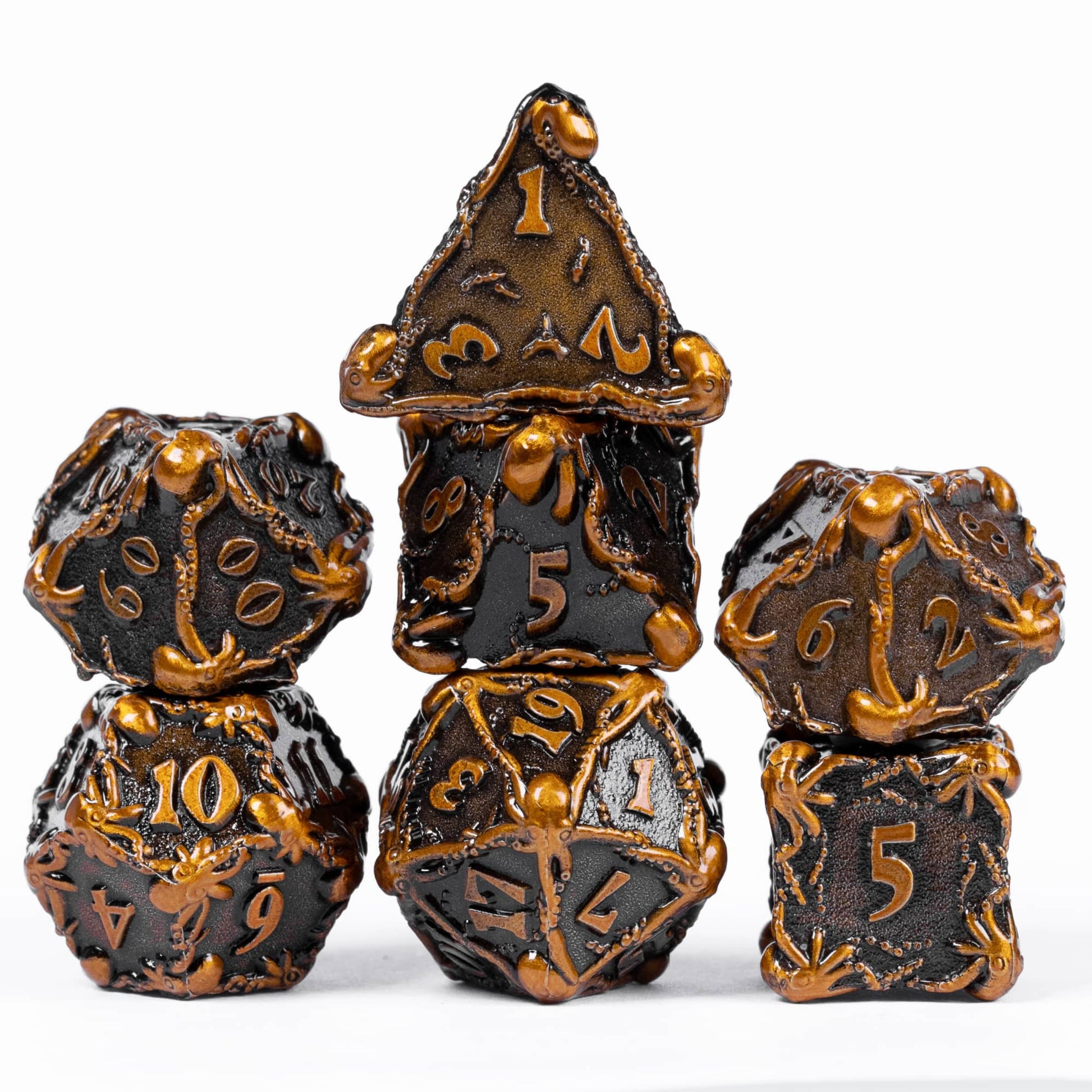 Full 7 piece gold colored octopus metal dice set