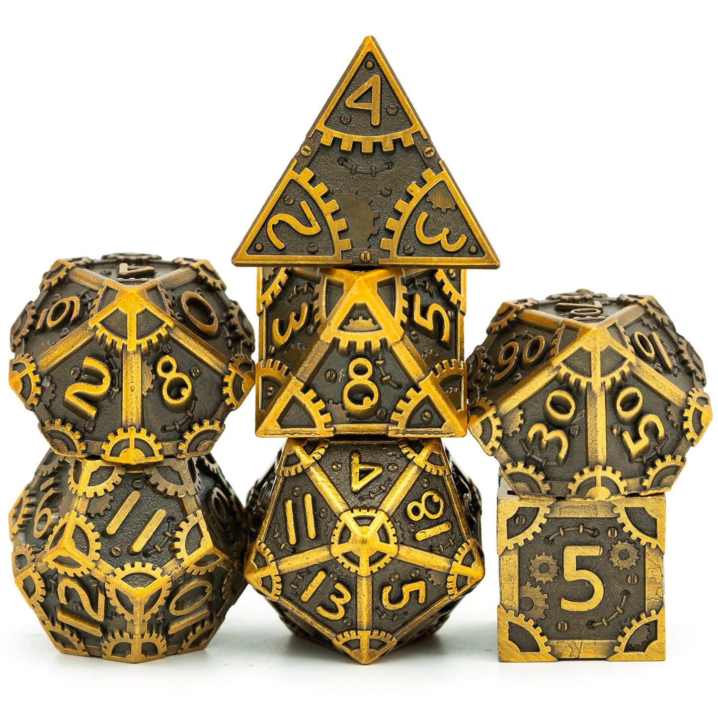 black and gold steampunk dice set