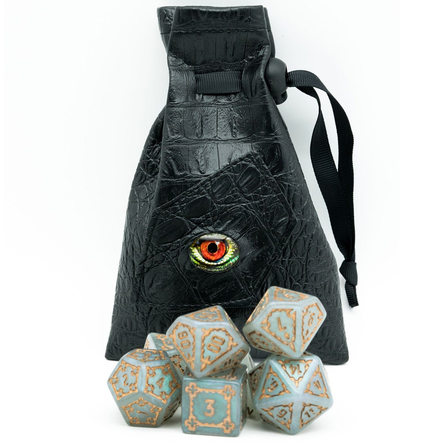 huge dice set in front of dragon eye dice bag