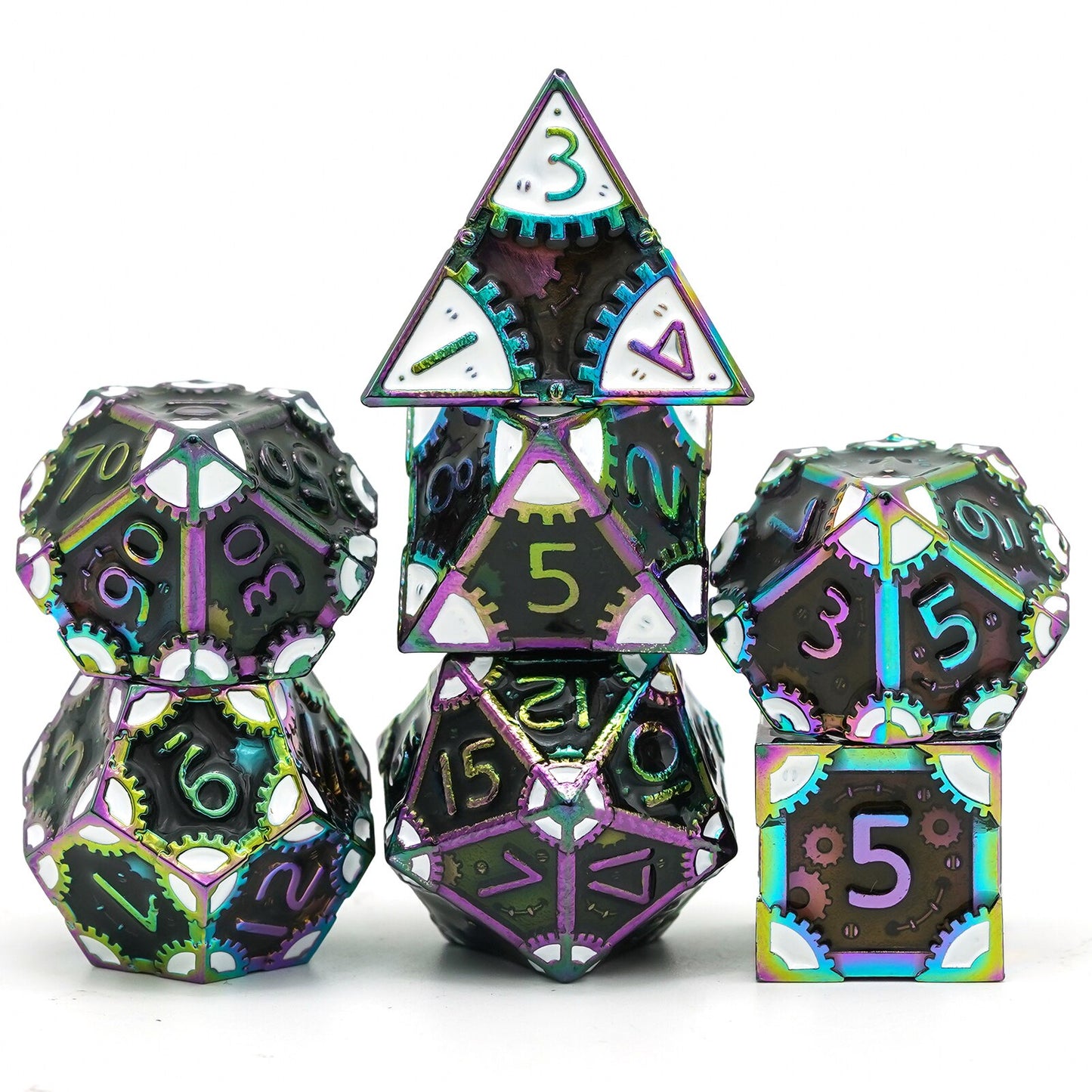 Black and rainbow steampunk dnd dice set