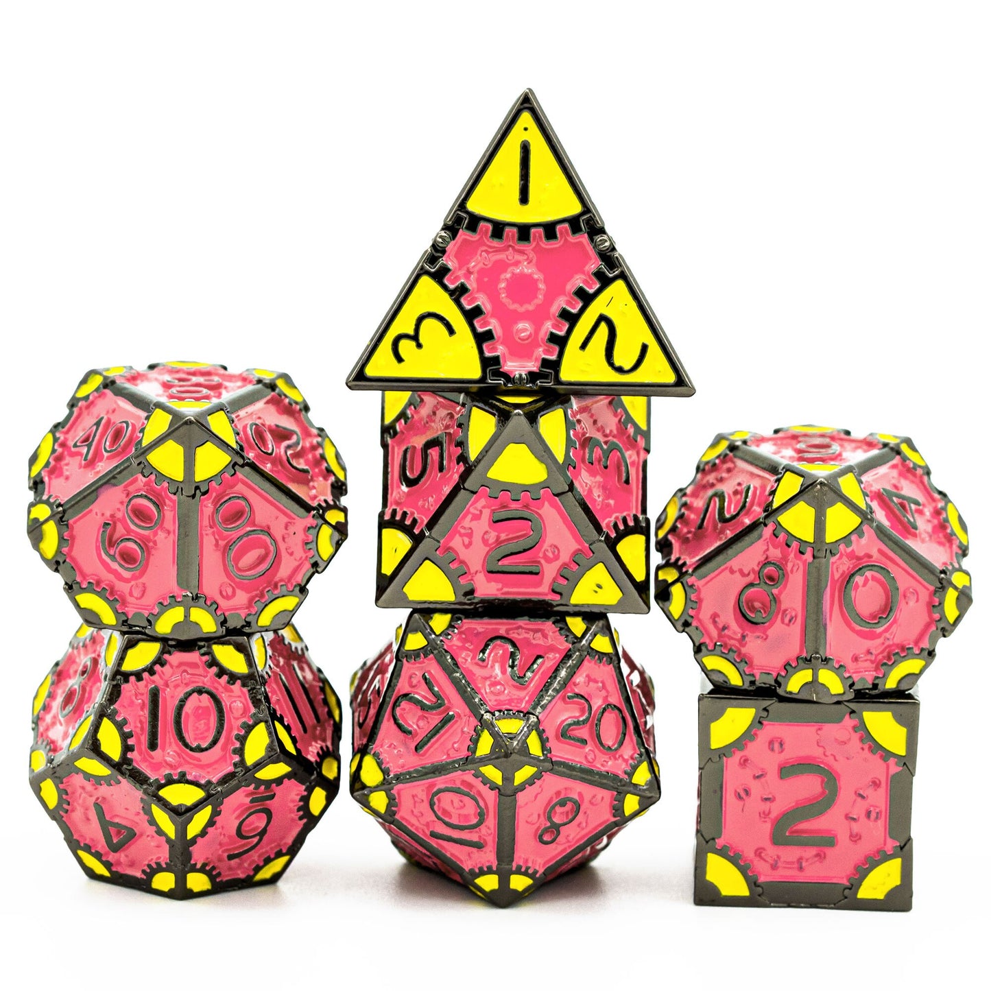 Pink and yellow steampunk dice set