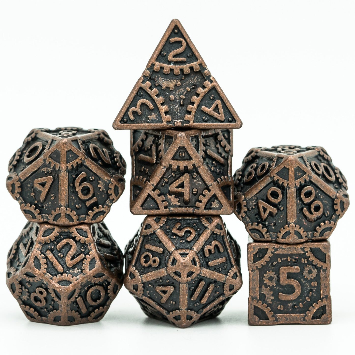 Dark bronze seven piece metal steampunk dice set