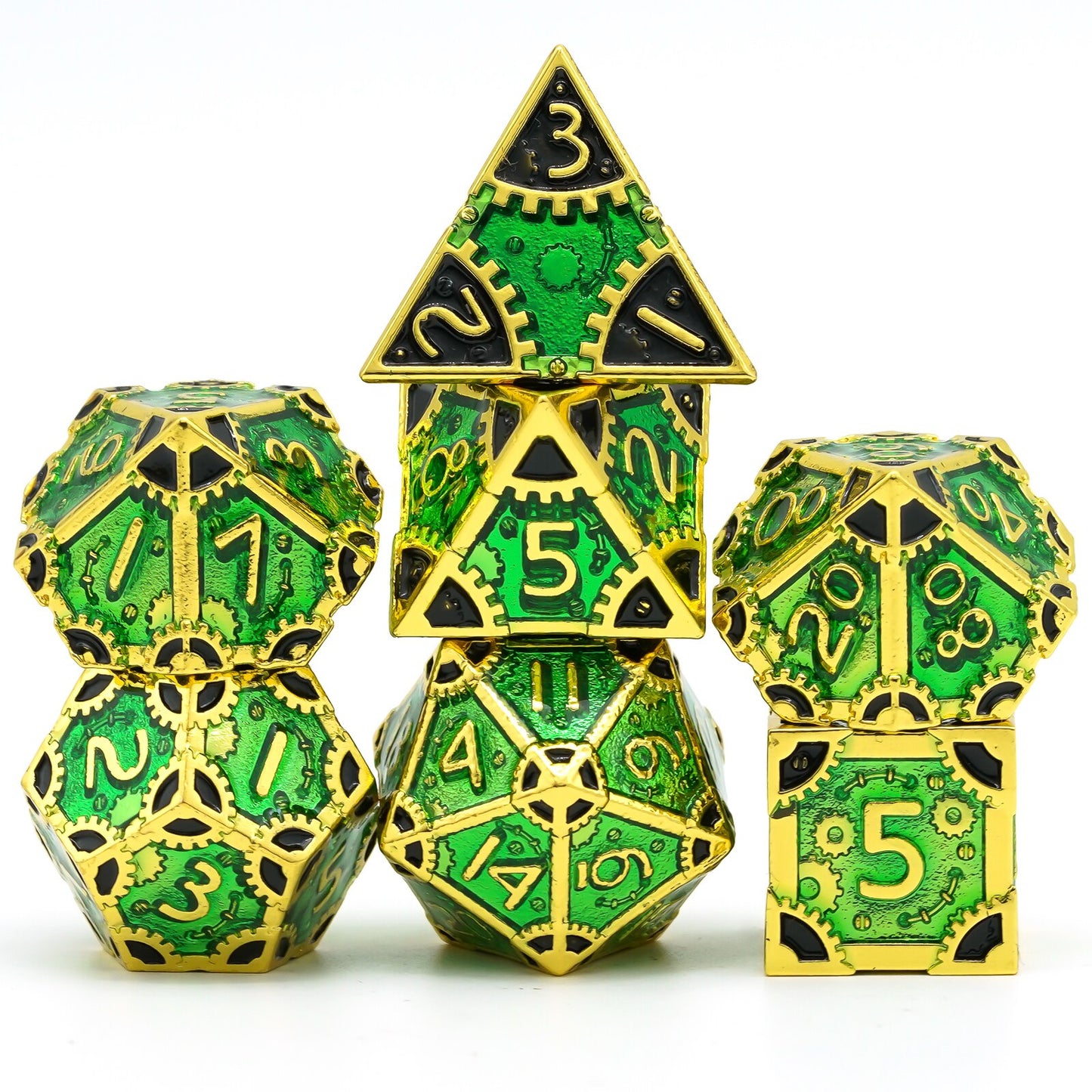 Vibrant green 7 piece dnd metal steampunk dice set