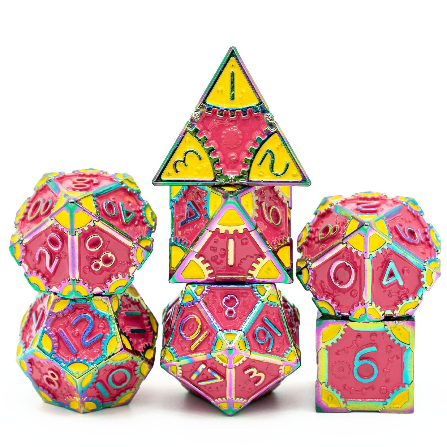 Pink and yellow steampunk dice