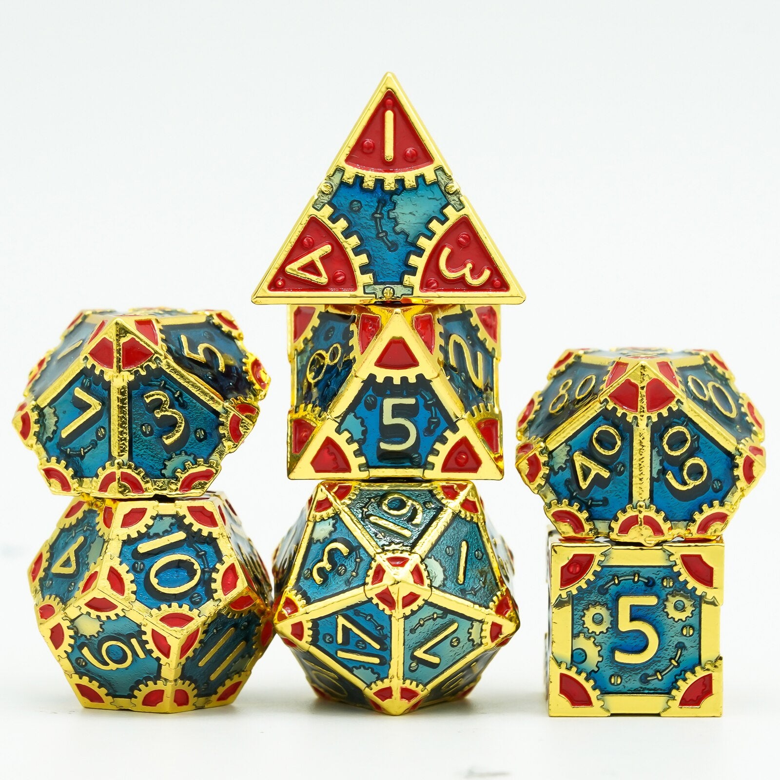 red and blue dnd metal dice set