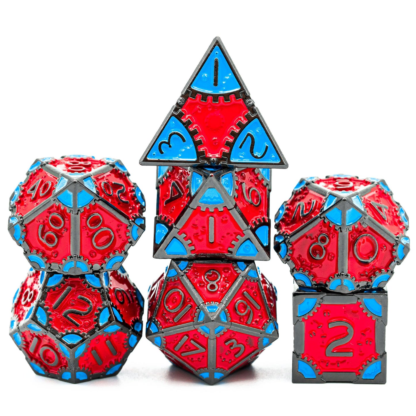 red and blue steampunk dice set