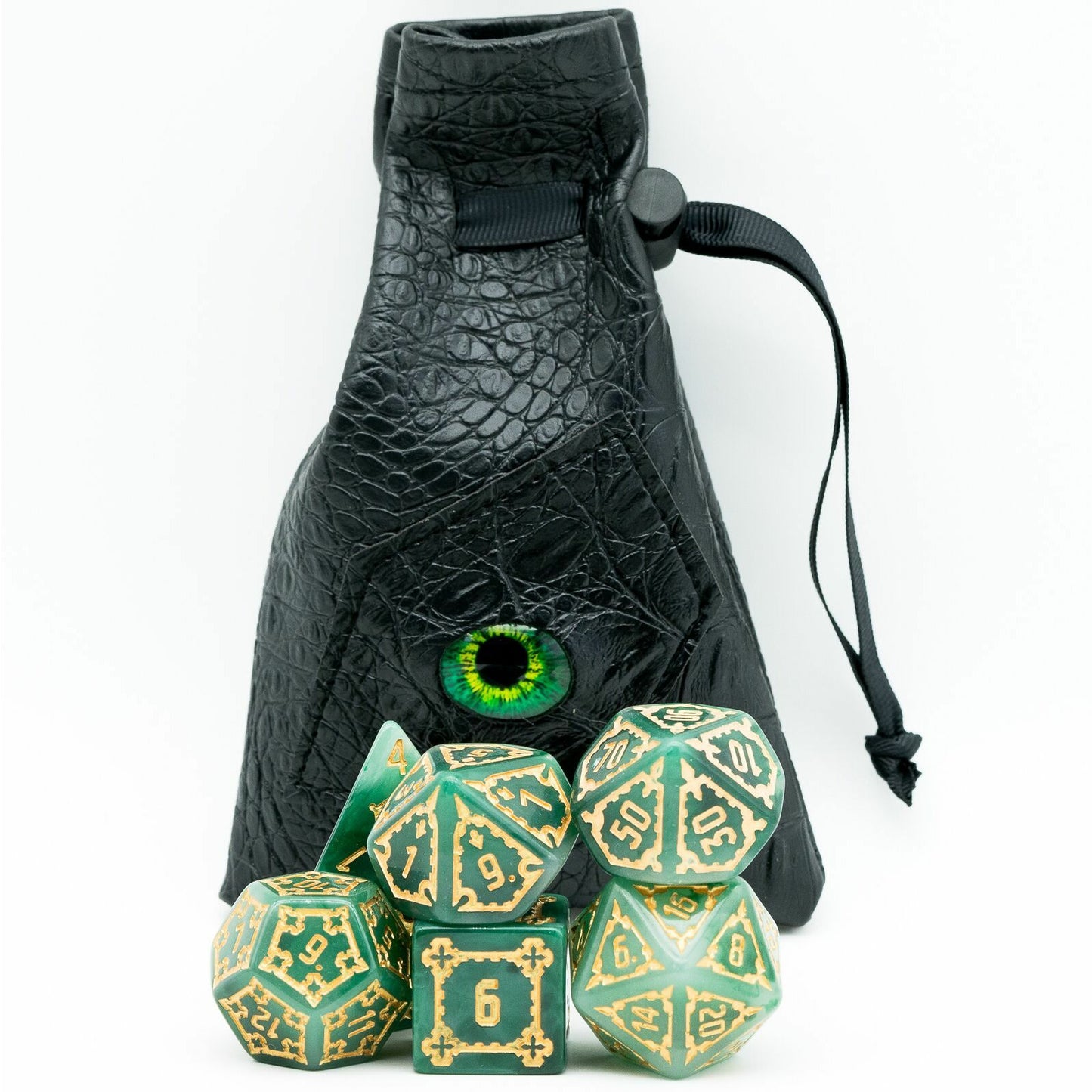 Violent jade elixir dice set in front of dragon eye carrying bag