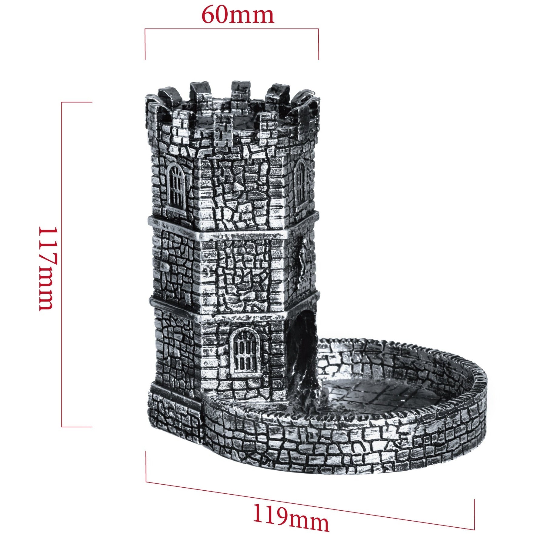diagram detailing dimensions of wizard dice tower (60mm by 117mm by 119mm)