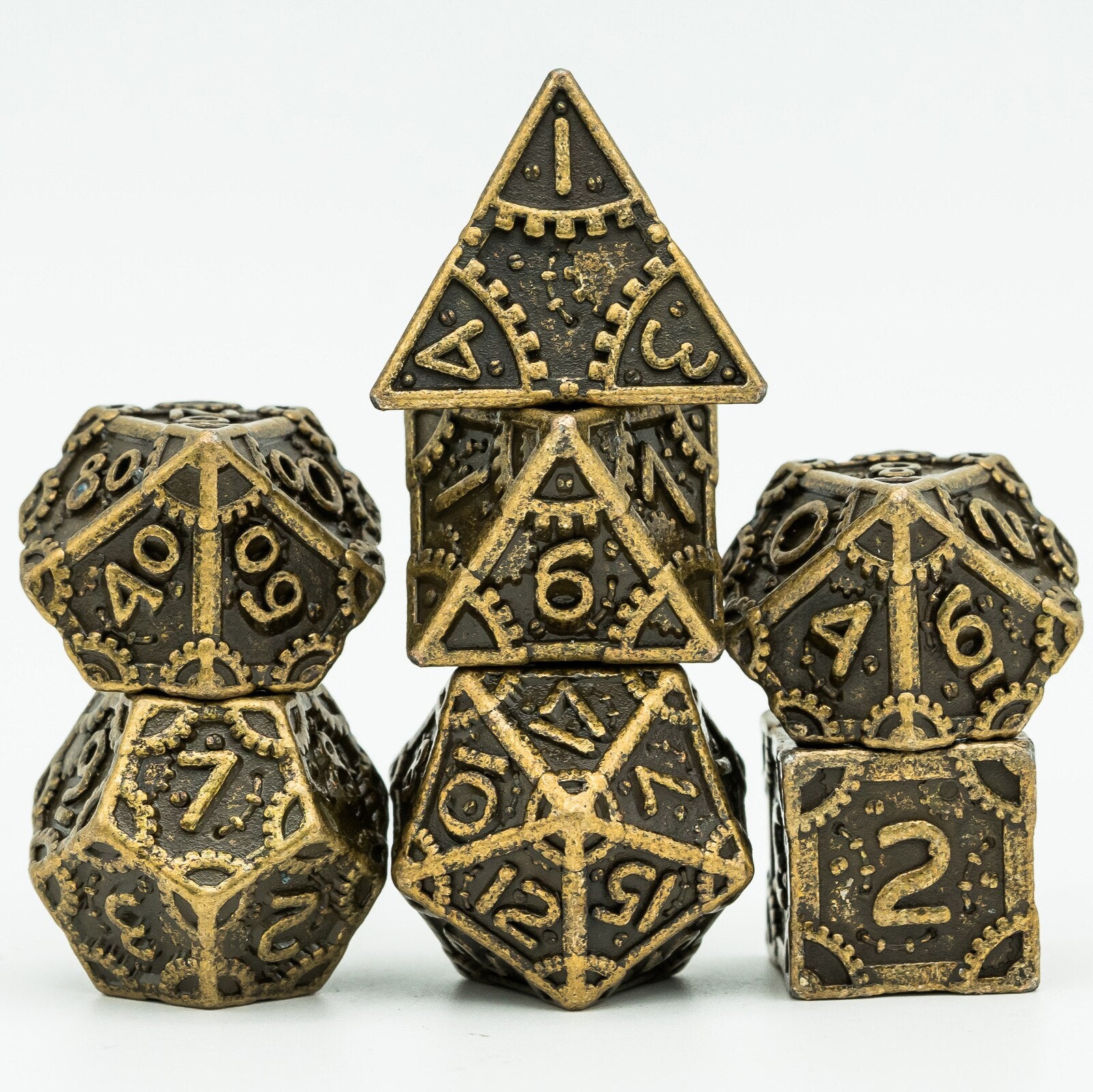 Gold steampunk dice set for TTRPGs