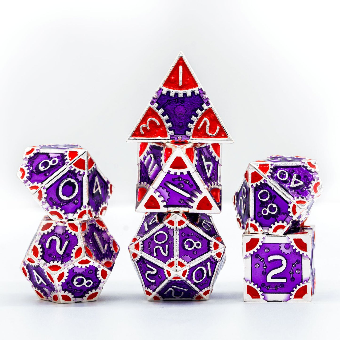 Purple and red metal dnd steampunk dice set