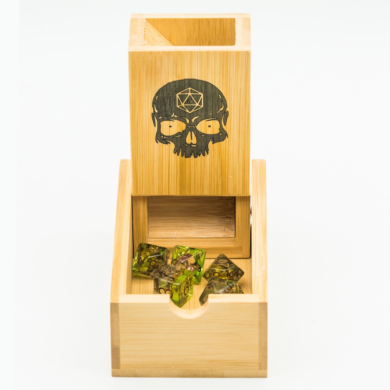 Unfolded dnd bamboo dice tower with dice set inside