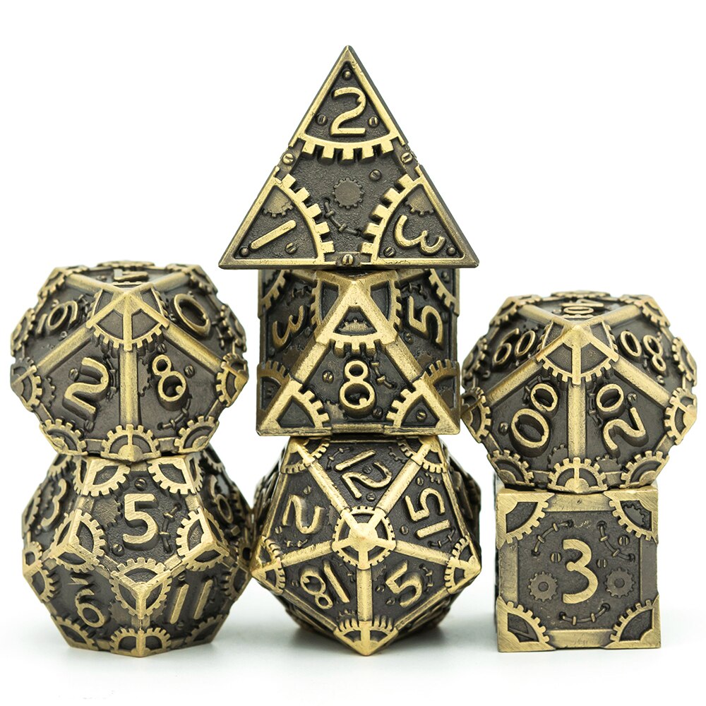7 piece metal steampunk dnd dice set on white background