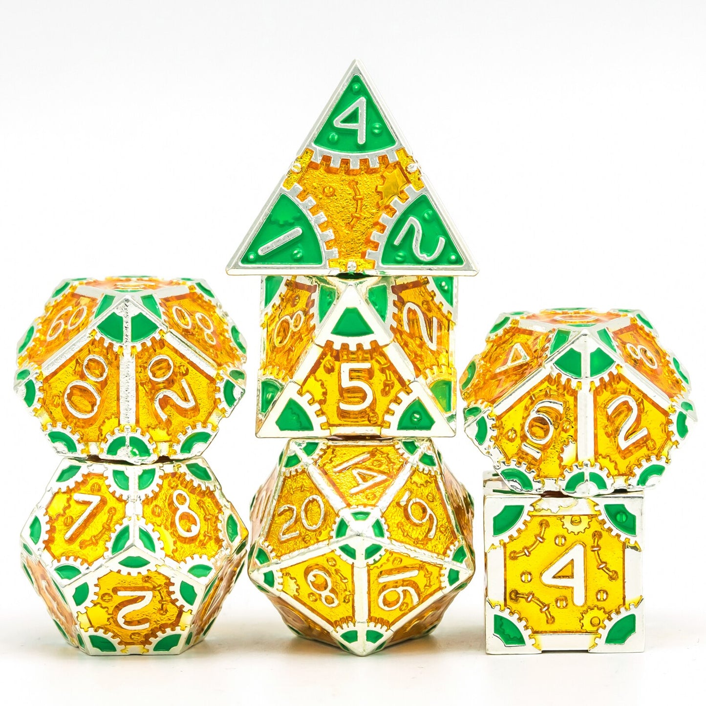 Yellow and green steampunk dice set