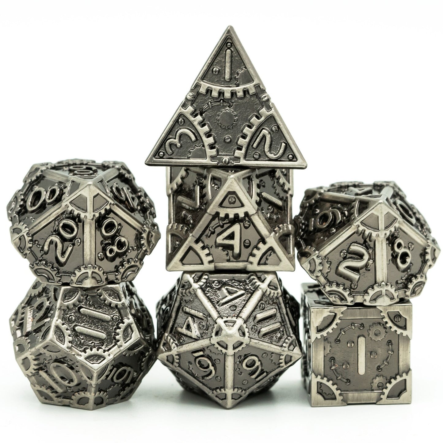 dark grey steampunk dice set