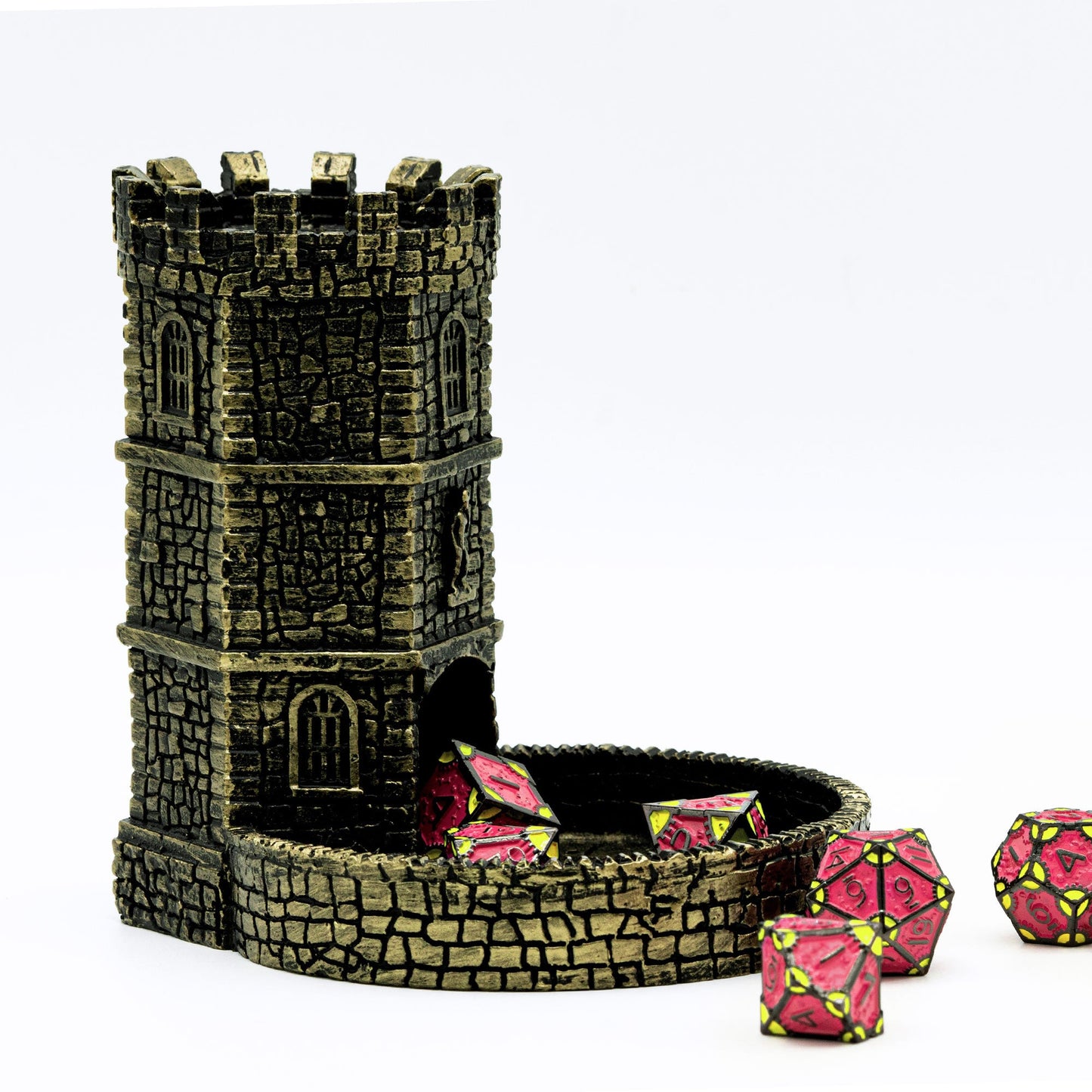 Bronze wizard dice tower with pink dice at base